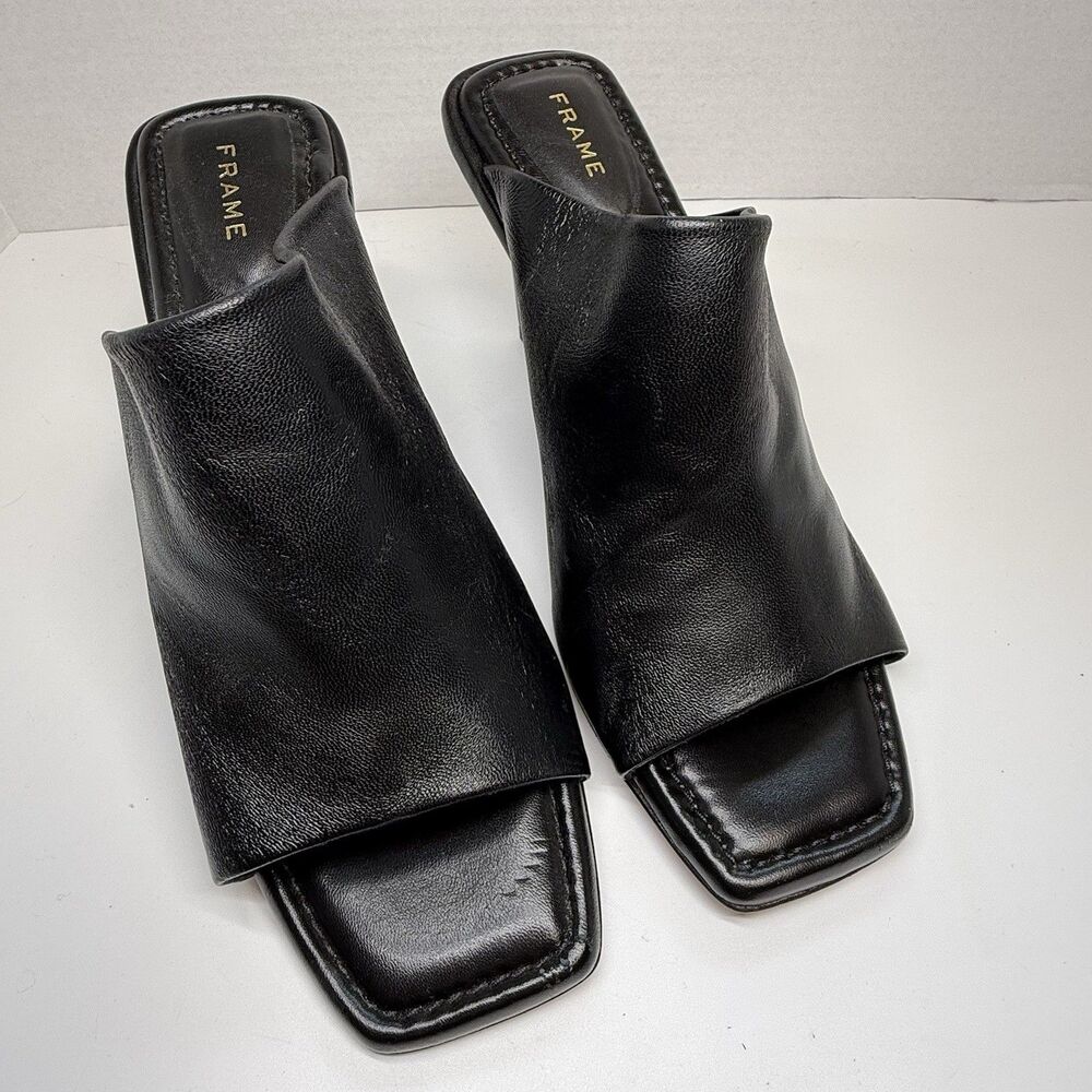 FRAME Le Naomi Black Leather Wedge Slip On Mule Heels Sz 39 US 8 New W/Flaw - Picture 2 of 9